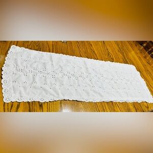 Table runner or dresser scarf, white cotton eyelet. Bright white.